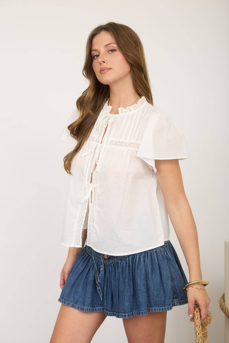 PINTUCK LACE YOKE RUFFLE DETAIL FRONT TIE BLOUSE