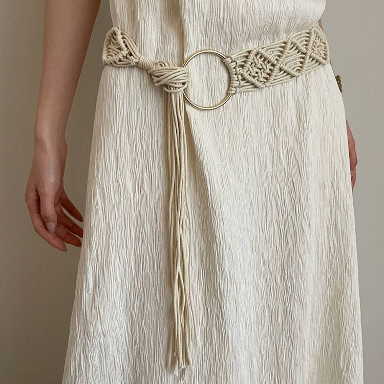 Beco - Boho Beige Braided Belt with Tassel