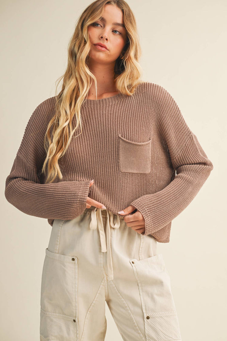 FRONT-POCKET PURL KNIT SWEATER TOP