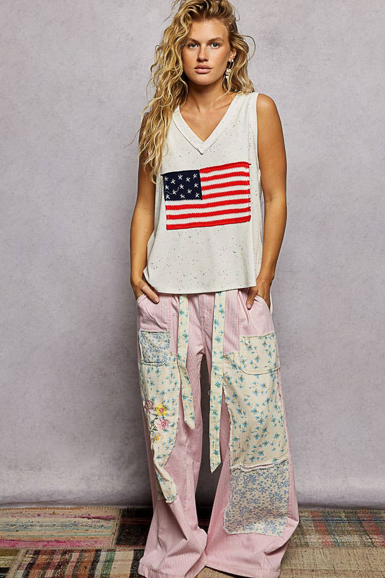Handmade American Flag Patch Rib V-Neck Sleeveless Top