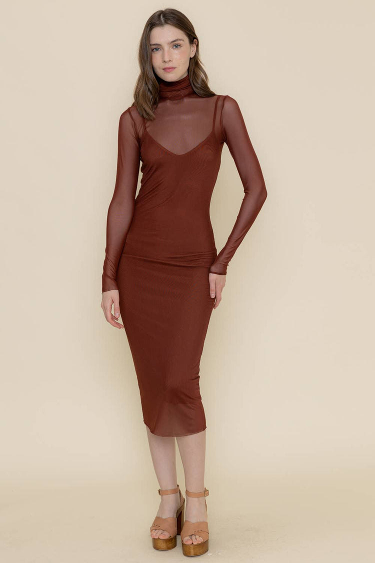 BODYCON MOCK NECK MESH LONG SLEEVE MIDI DRESS