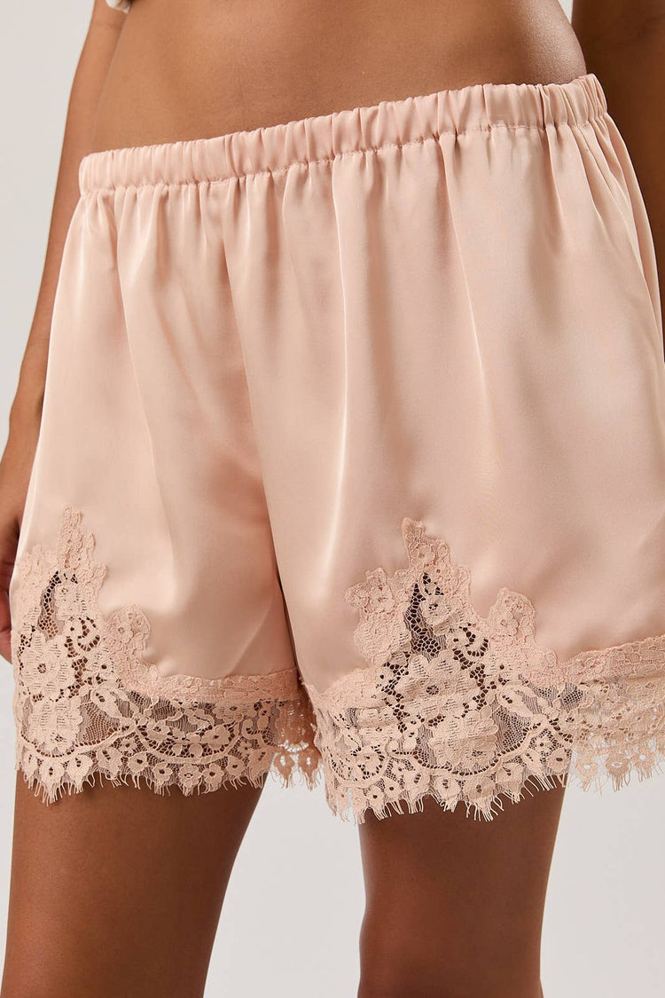 ELASTIC WAIST MID RISE LACE TRIM SHORTS