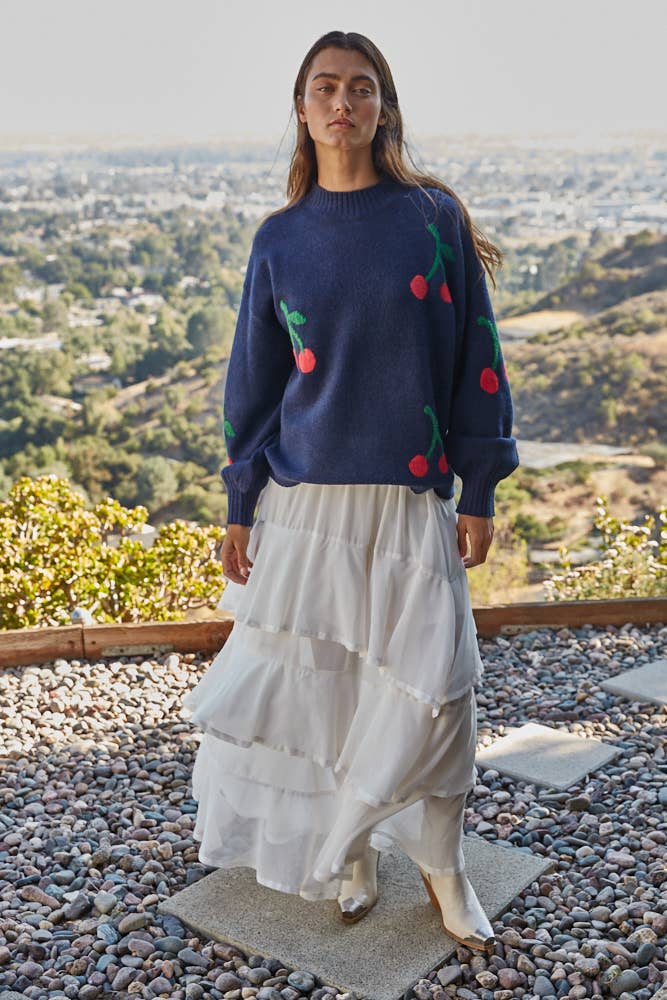 Knit Sweater Acrylic Polyester Spandex Cherry Print