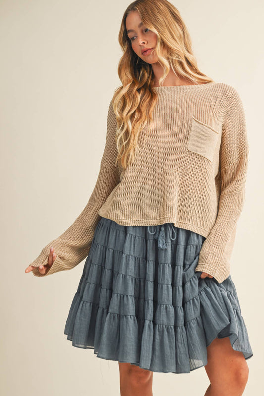 FRONT-POCKET PURL KNIT SWEATER TOP