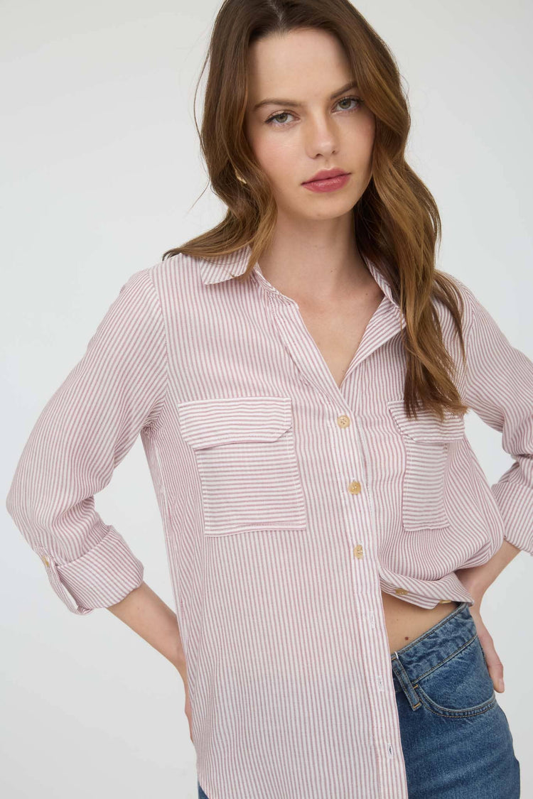 STRIPED COLLARED BUTTON DOWN WITH POCKETS