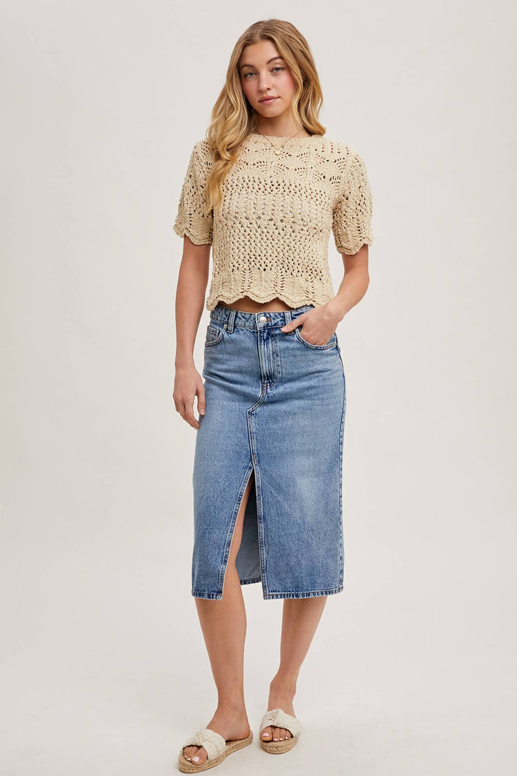 SHEER KNIT SWEATER WITH SCALLOPED HEM BOTTOM