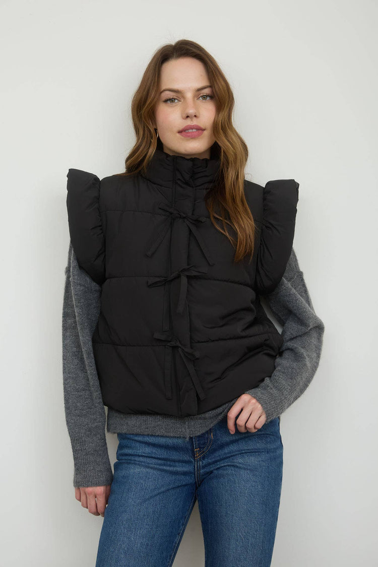 FLUTTER SLEEVE BOW DETAIL ZIP-UP PUFFER VEST