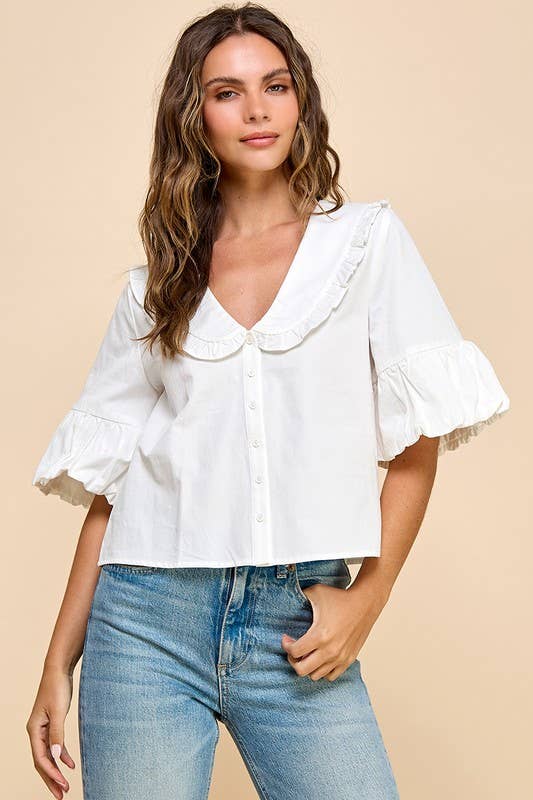 V Collared Neck Button Down Top