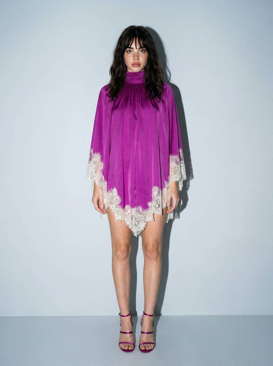 Satin Lace-Trimmed Trapeze Mini Dress