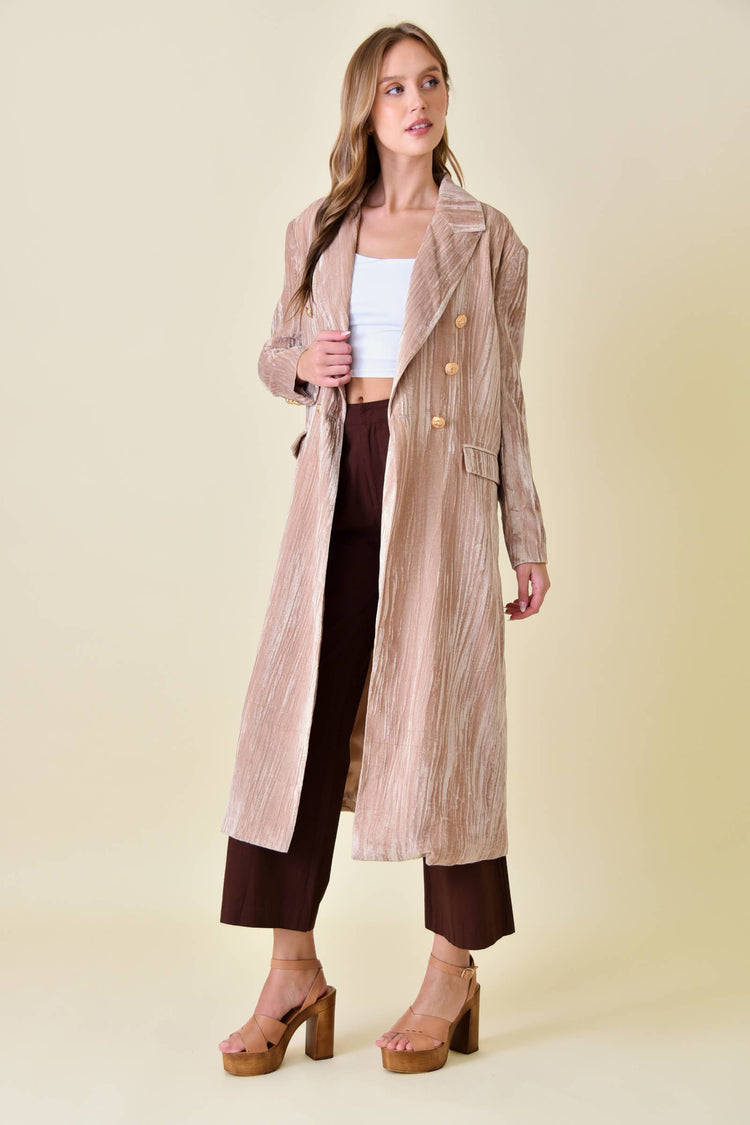 CHIC DOUBLE BREASTED WRINKLED VELVET LONG COAT