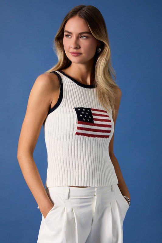 "USA FLAG " ROUND NECK CONTRAST COLOR RIBBED SWEATER TOP