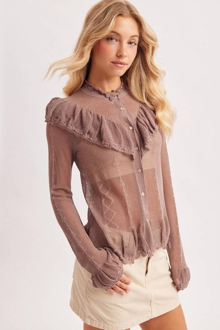 SHEER MOCK NECK BUTTON DOWN RUFFLED OPEN KNIT TOP NO LINING