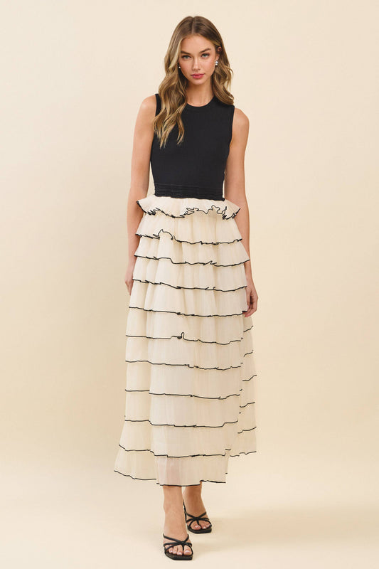 Ribbed Knit Bodice Tiered Mesh Skirt Maxi Dress
