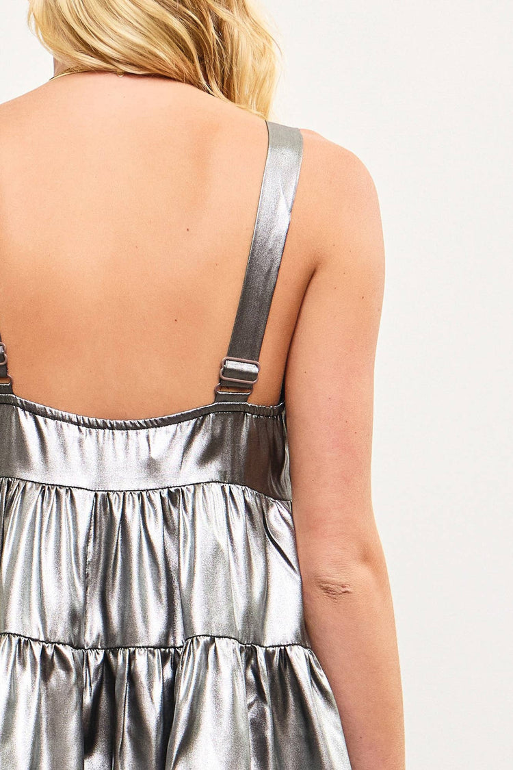 TIERED SHIRRING SLEEVELESS FOIL DRESS