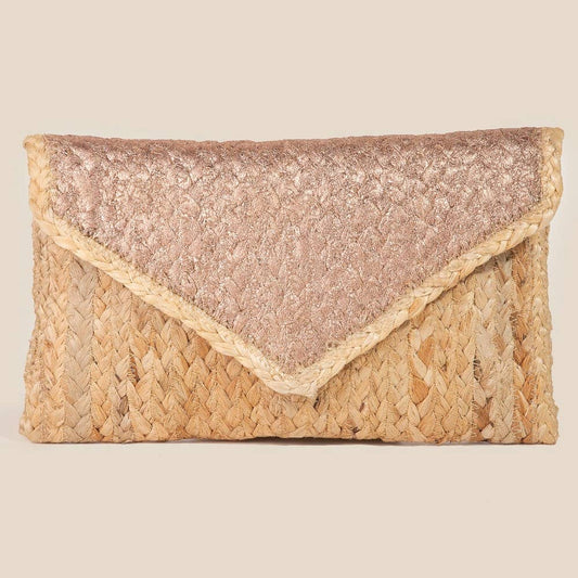 Metallic Accent Jute Envelope Clutch Bag