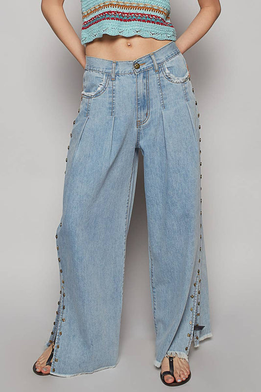 Solid stud detail twill wide woven pants