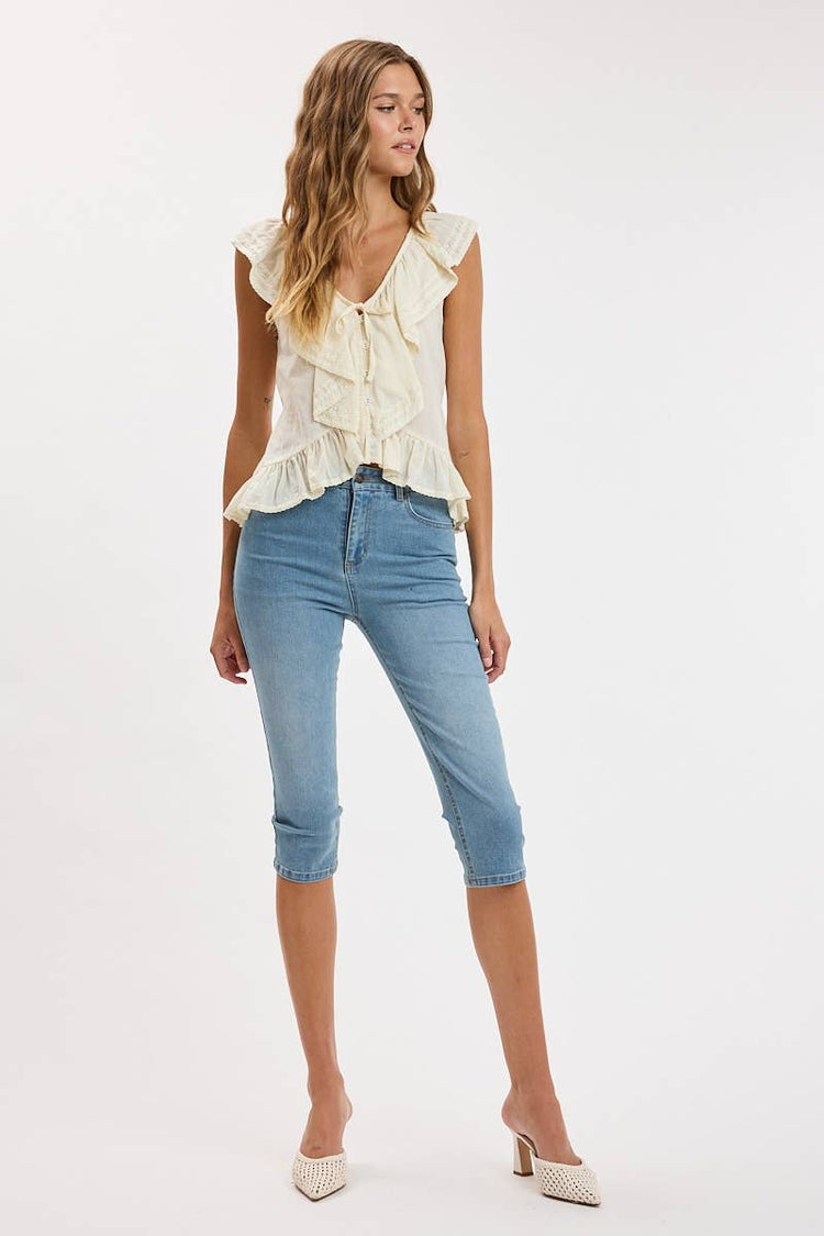 CASCADING RUFFLE LACE SOFT COLOR CAP SLEEVE TOP