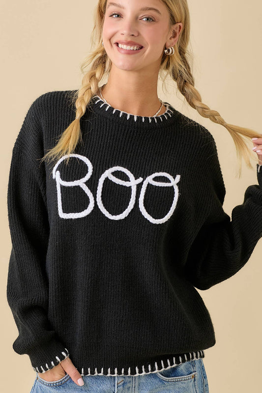 Halloween "Boo" Sweater With 3D Braided Writing