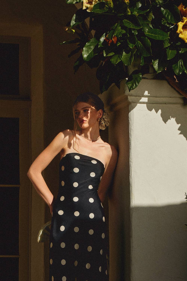 Polka Dot Satin Strapless Maxi Dress