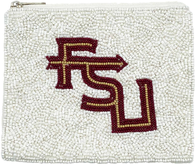 FSU White Beaded Pouch