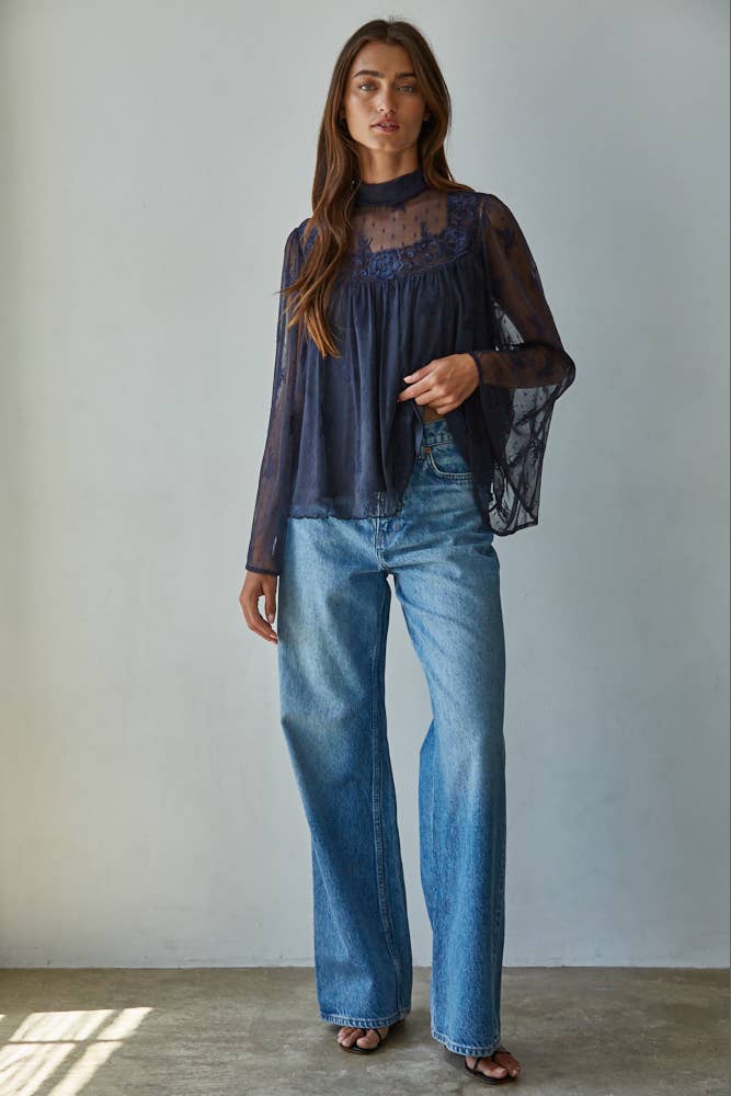 Lace Mock Neck Bell Sleeve Blouse