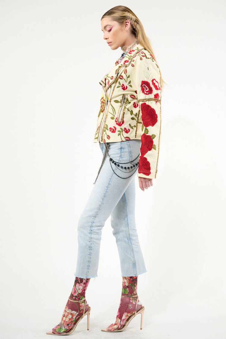 Carmen Embroidered Denim Motorcycle Jacket