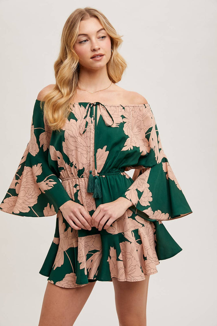 FLORAL PRINT OFF THE SHOULDER BELL SLEEVED ROMPER