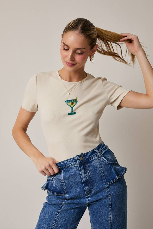 ROUND NECK HALF SLEEVE MARTINI BEADS RIB TOP