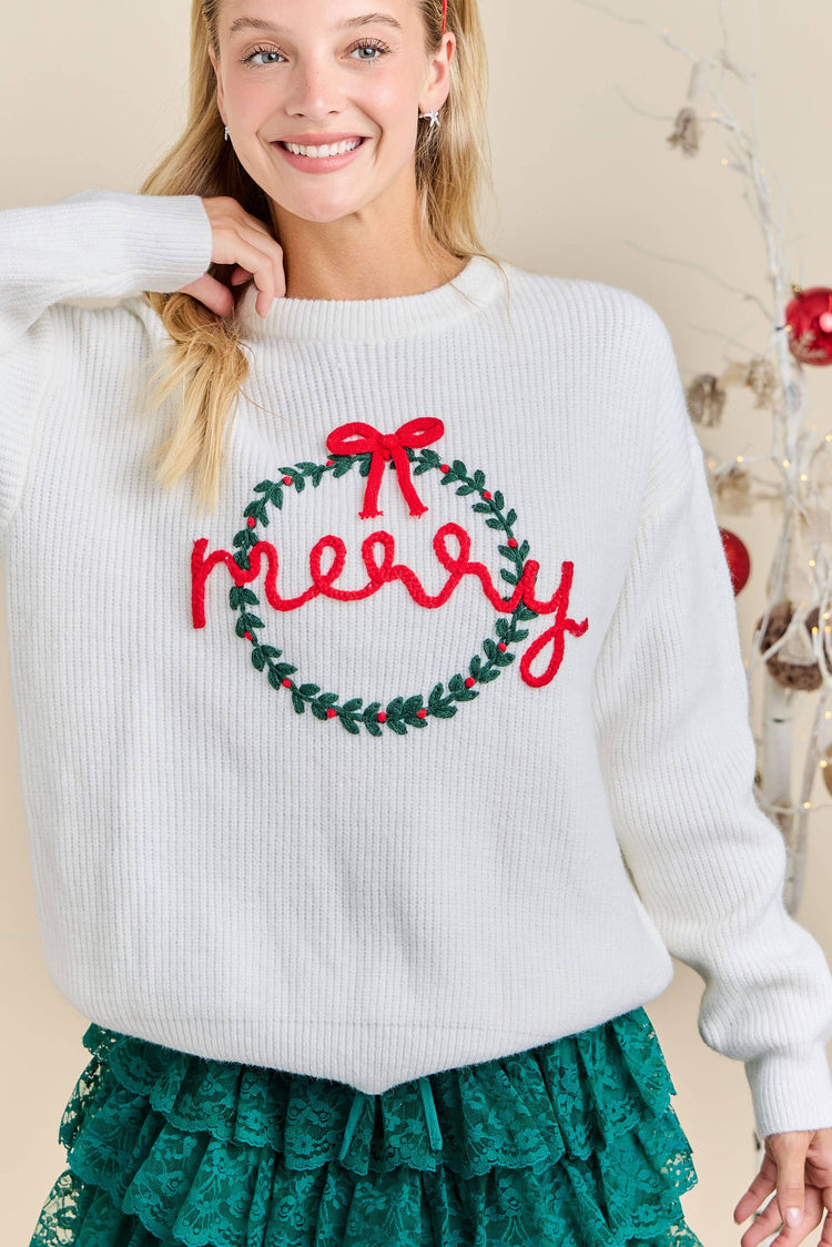 Merry Embroidered Christmas Wreath Sweater Knit Top