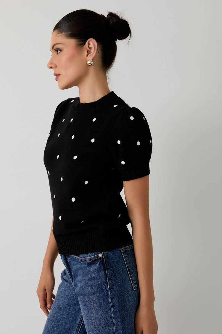 Embroidered Polka Dot Short Puff Sleeve Knit Sweater