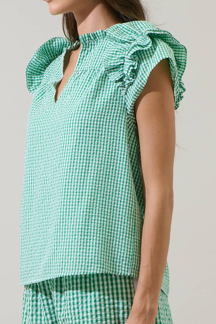 Tamara Checker Ramona Ruffle Split Neck Top