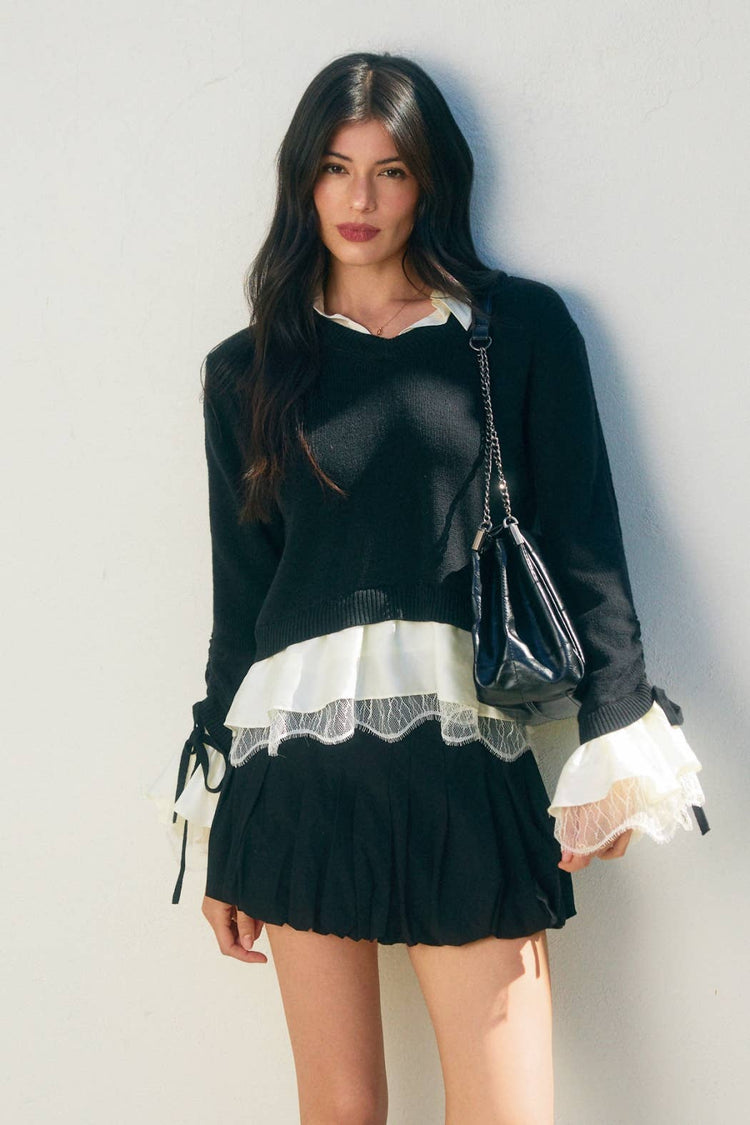 Satin Lace Shirt Insert Sweater (1)