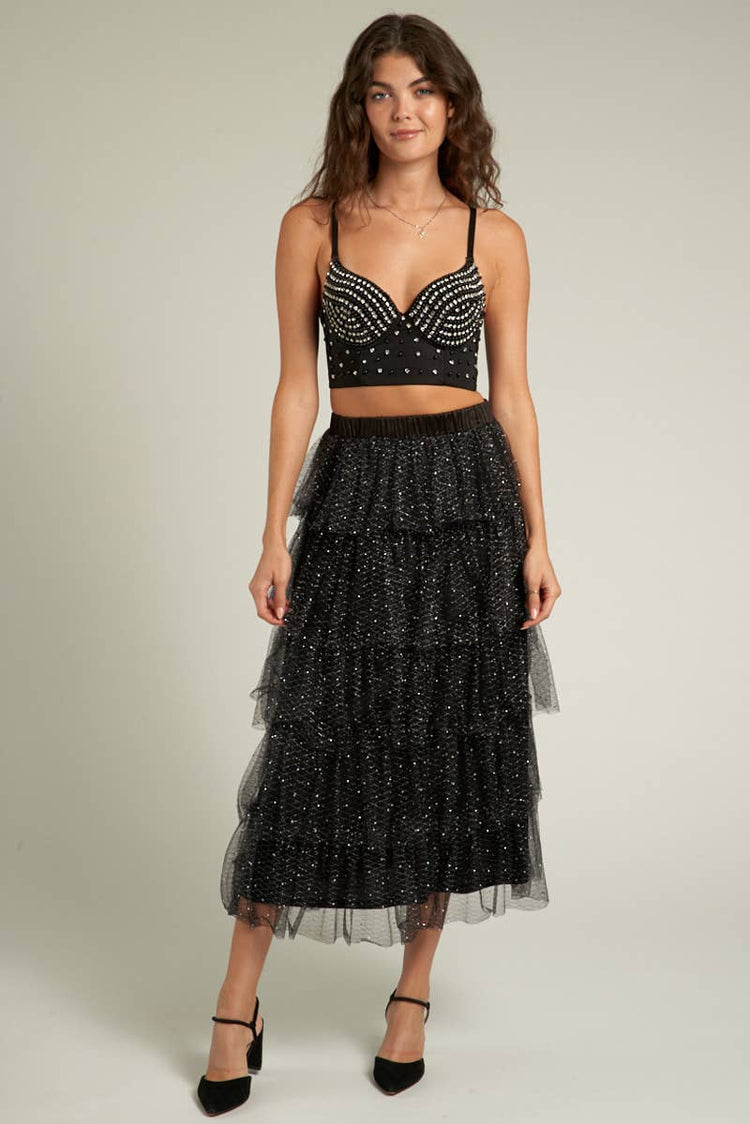 Tiered Tulle Glitter Midi Skirt