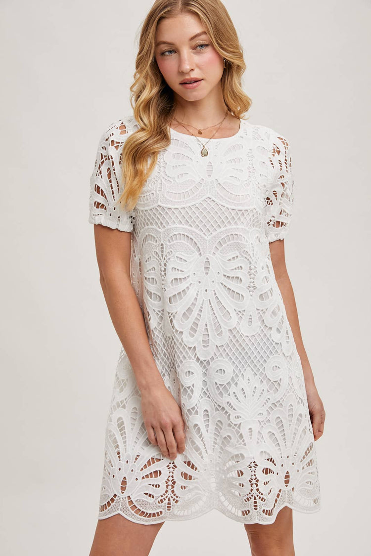PUFF SLEEVED CROCHET DRESS WITH LINING