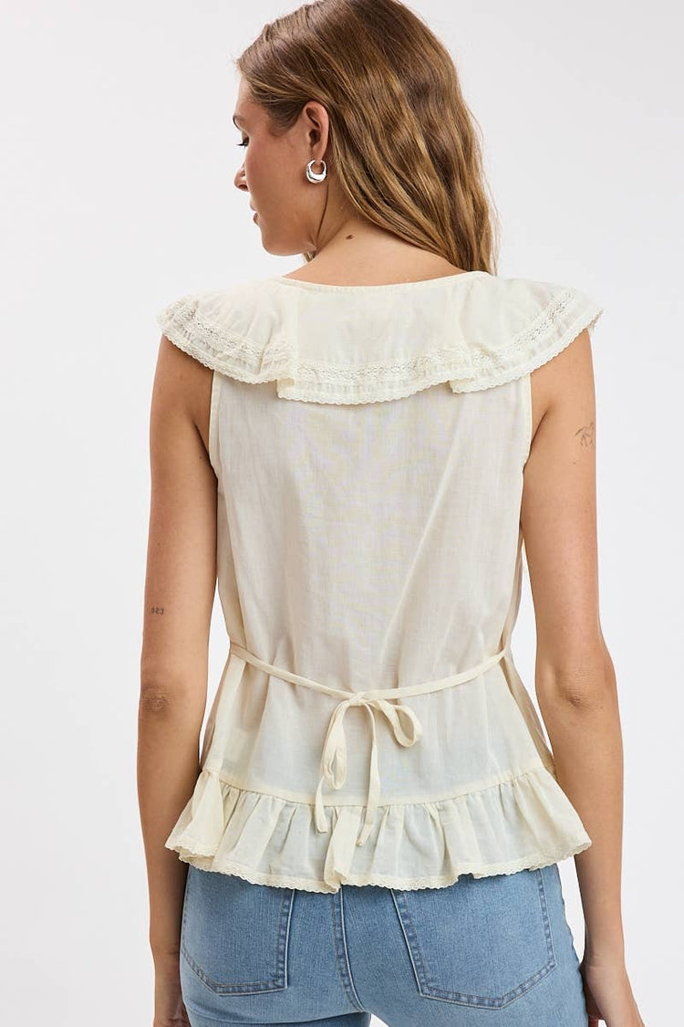 CASCADING RUFFLE LACE SOFT COLOR CAP SLEEVE TOP