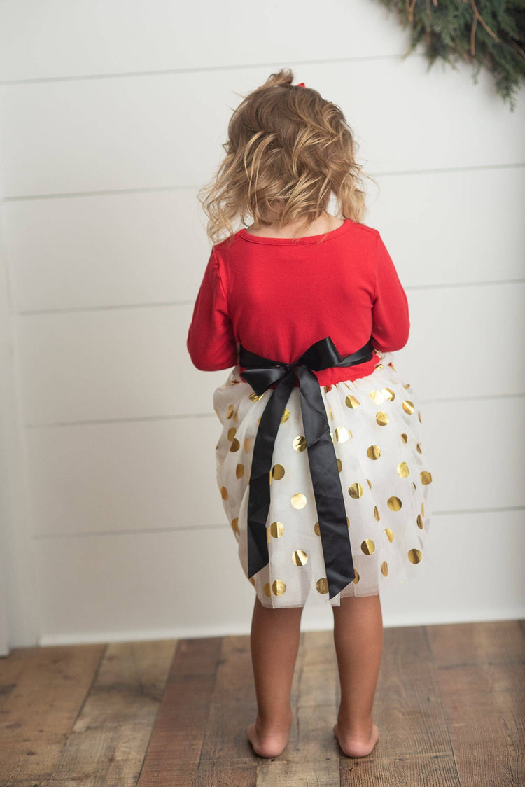 Kids Santa Bow Gold Dot Tulle Christmas Holiday Dress