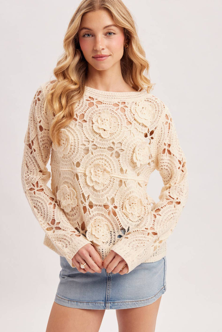 BOAT NECK OPEN-WORK FLORAL CROCHET TOP