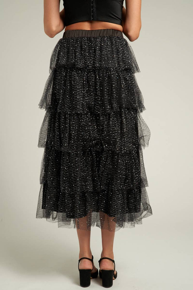 Tiered Tulle Glitter Midi Skirt