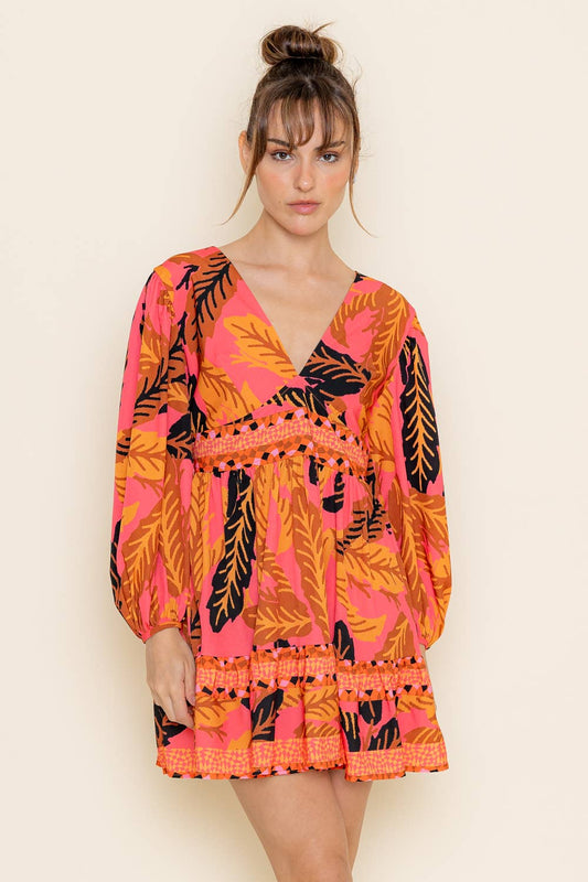 Printed V Neck Gathered Mini Dress