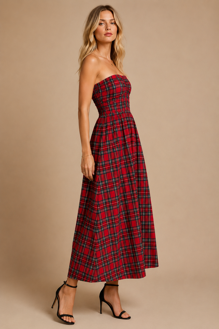 Strapless Tartan Plaid Ruched Midi Dress