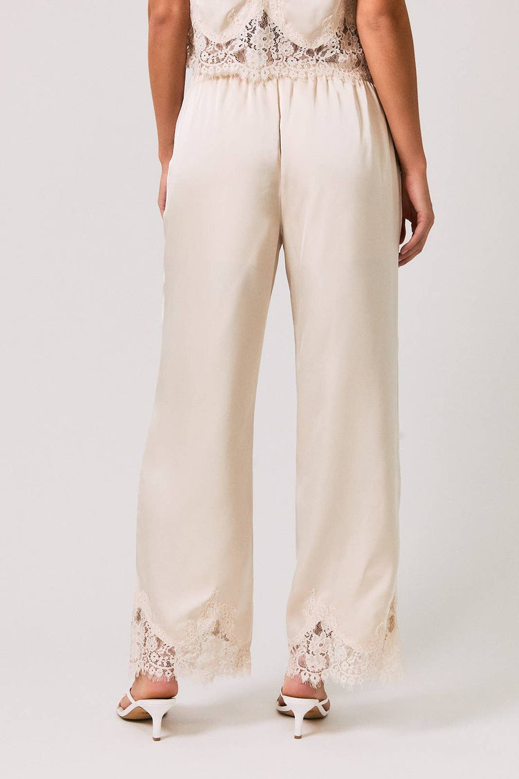 ELASTIC WAIST LACE TRIM WIDE LEG PANTS