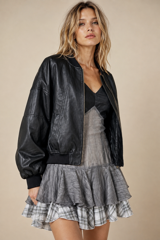 Cropped Faux-Leather Bomber Jacket