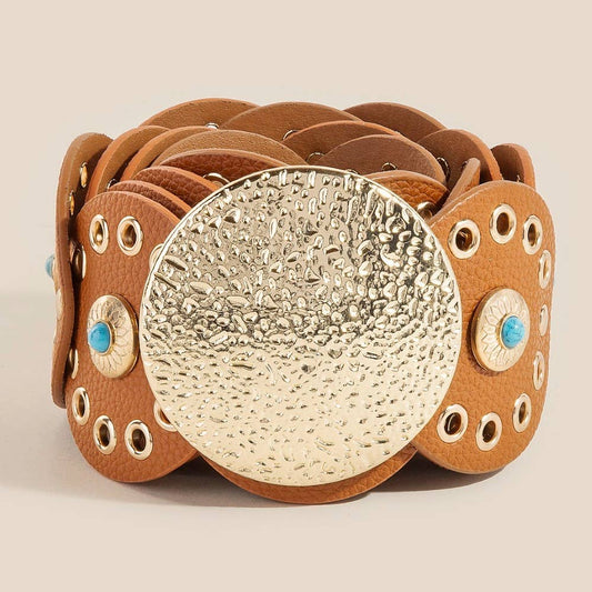 Western Turquoise Stud Faux Leather Disc Concho Chain Belt
