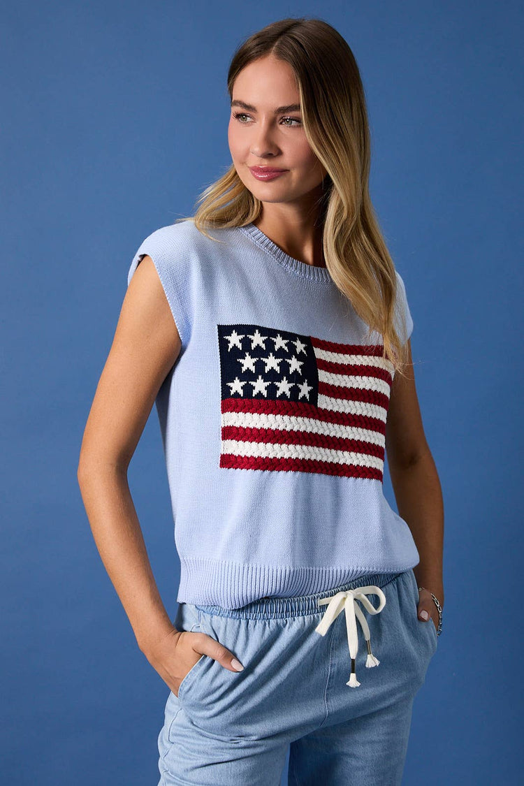 ROUND NECK WIDE SHOULDER USA FLAG SWEATER