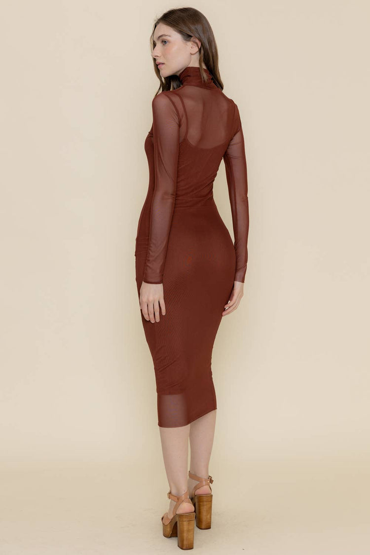 BODYCON MOCK NECK MESH LONG SLEEVE MIDI DRESS