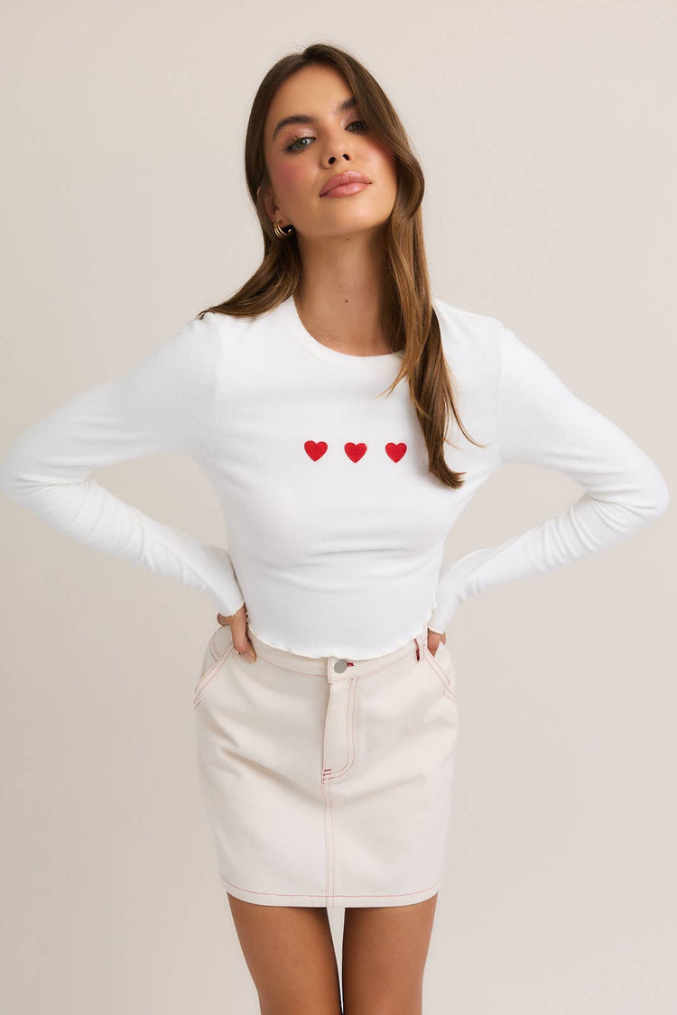 Long Sleeve Heart Embroidered Knit Top