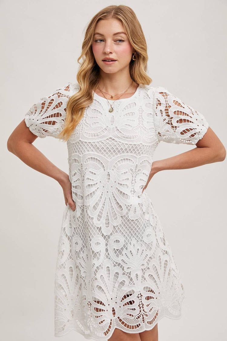 PUFF SLEEVED CROCHET DRESS WITH LINING
