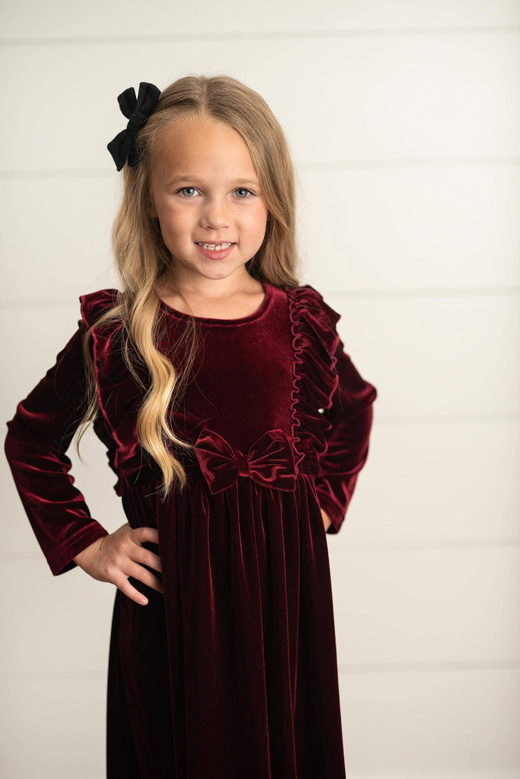 Kids Burgundy Wine Velvet Bow Ruffle Holiday Party Dress