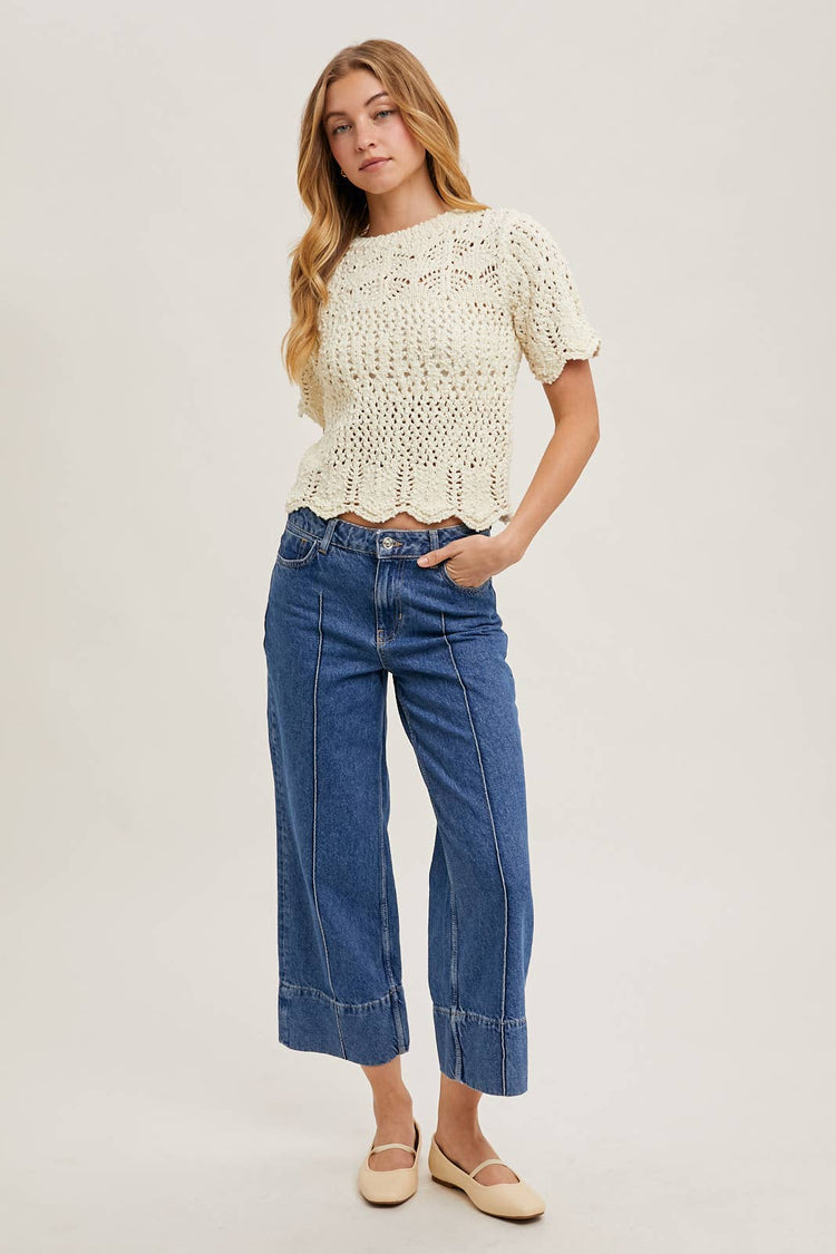 SHEER KNIT SWEATER WITH SCALLOPED HEM BOTTOM
