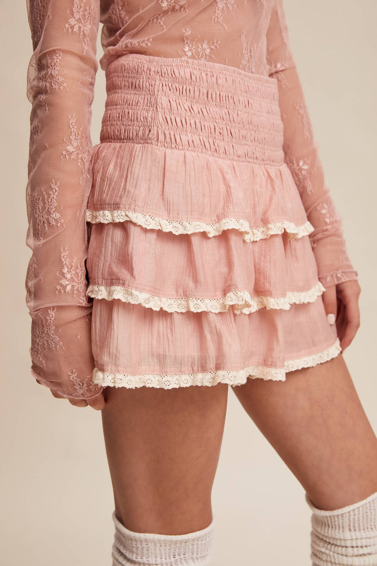 Tiered Ruffle Lace Trim Skort